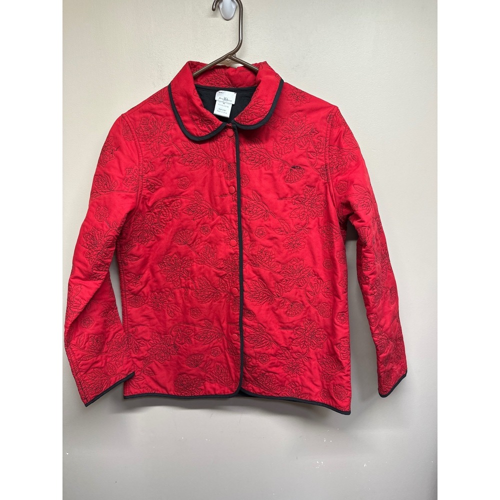 Jenny Buchanan Quilted Floral Embroidered Reversible Jacket Women's M Red‎ Black